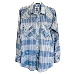 Vintage Miller Westernwear Pearl Snap Button Shirt Blue Plaid Cowboy Rodeo Men M